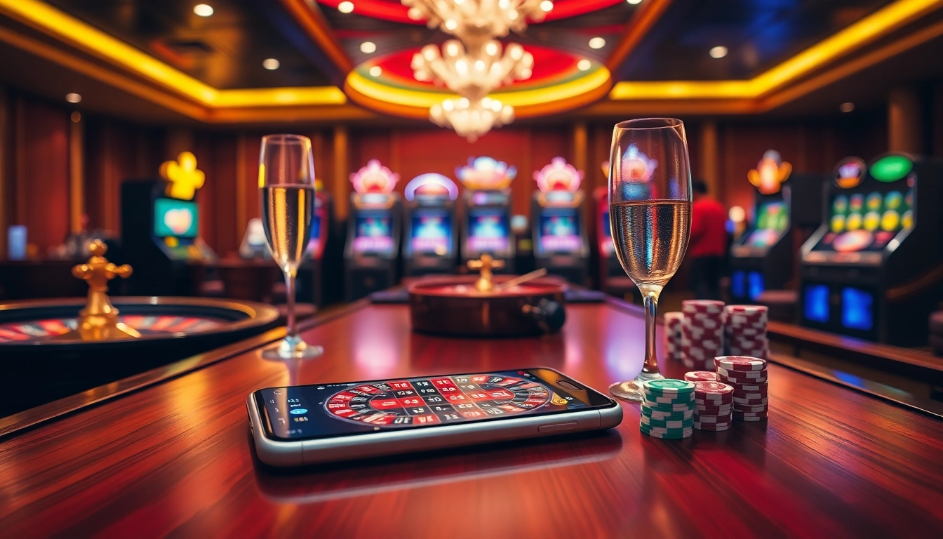 Engaging scene illustrating vin88 mobile with casino elements like poker chips and roulette wheels.