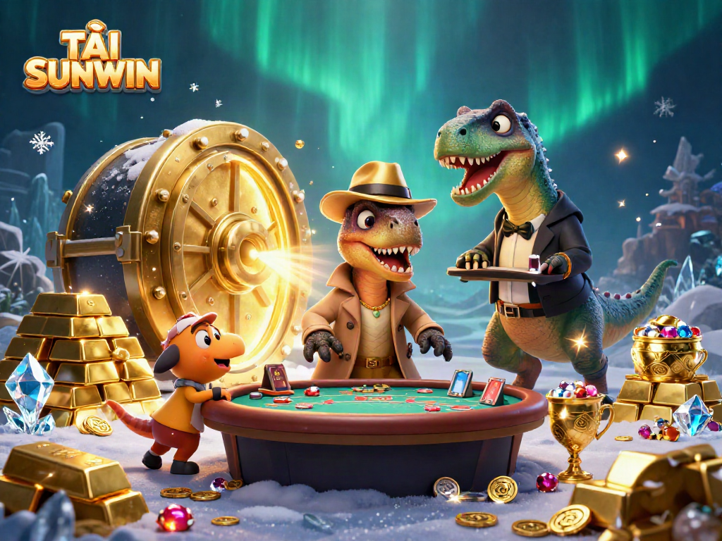 Experience the thrill of gaming with TẢI SUNWIN illustrated featuring a cunning velociraptor at the casino.