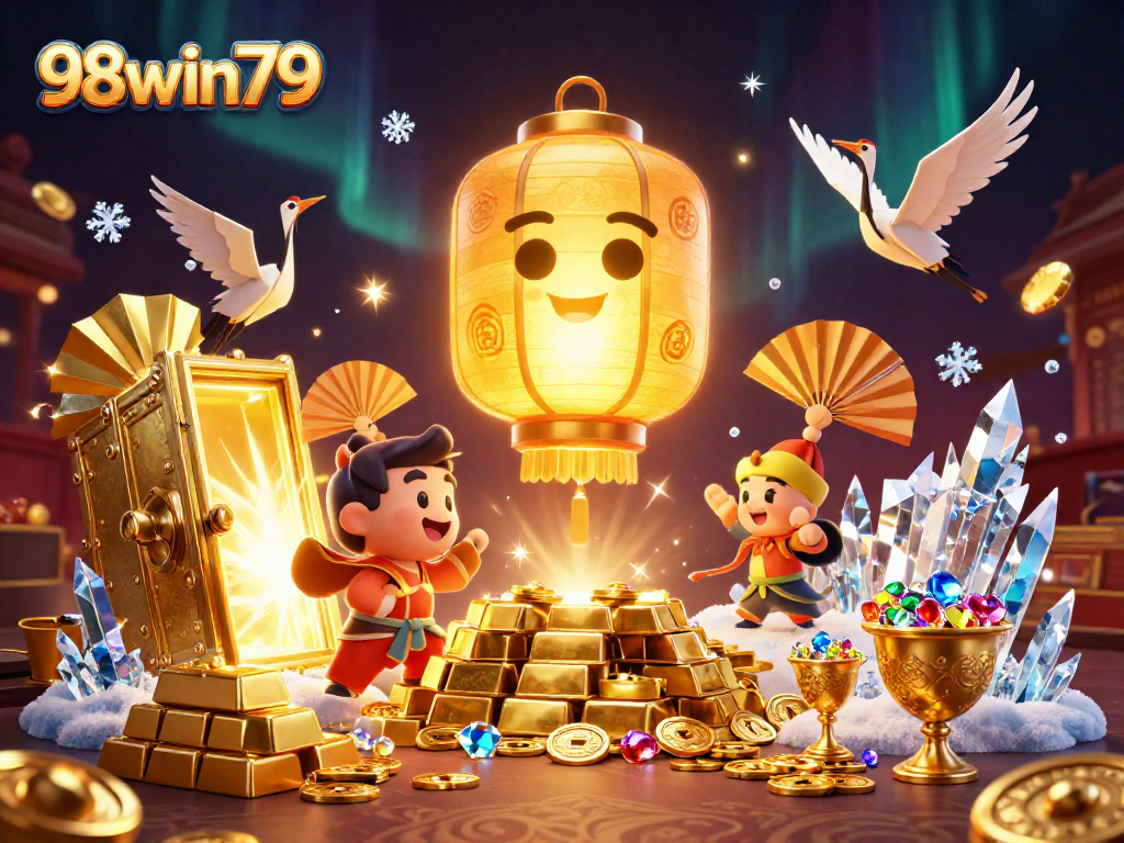 Spin the reels with 98win79; vibrant casino scene showcasing golden treasures and playful spirits.