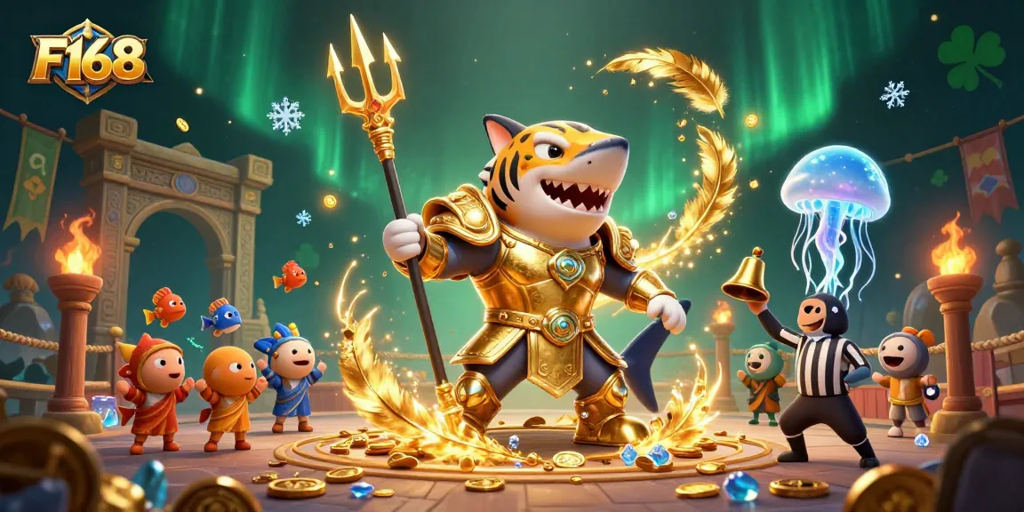 Join the thrilling F168 underwater casino battle featuring a tiger shark gladiator.