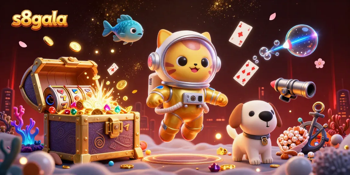 S8gala offers thrilling casino games, featuring a golden astronaut cat amidst rich slot designs and vibrant underwater treasures.