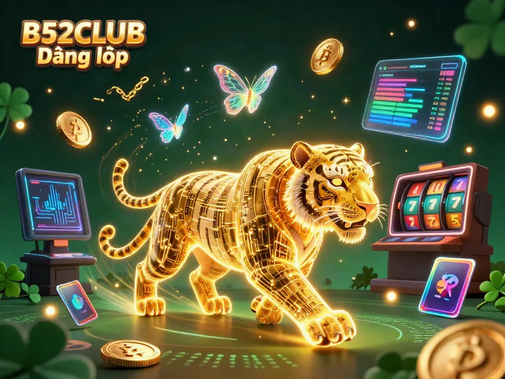 B52CLUB Đăng nhập scene featuring a golden tiger in a digital casino surrounded by Bitcoin and vibrant game elements.