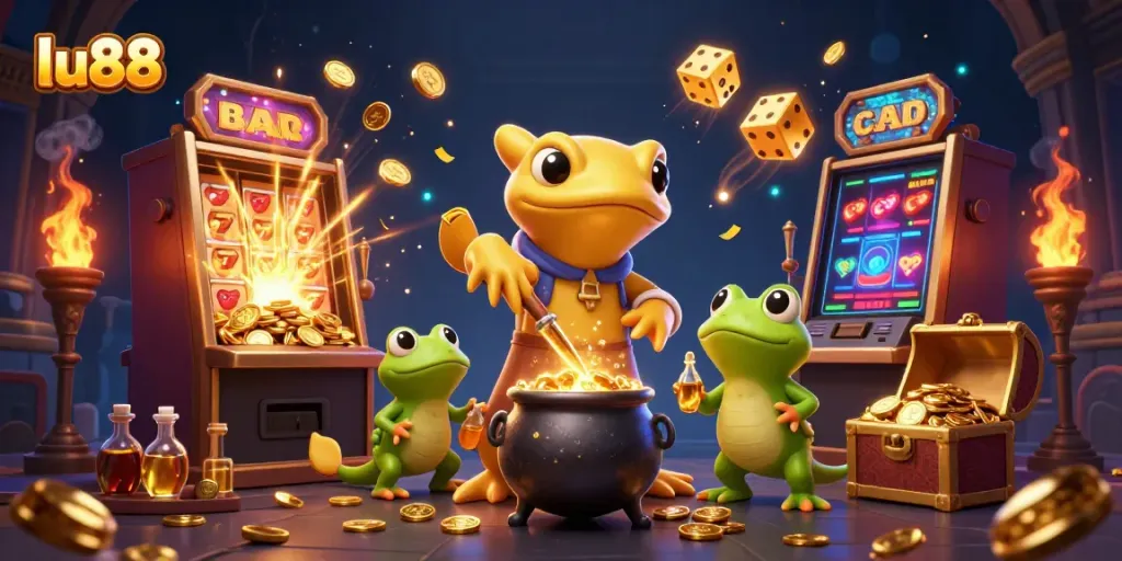 Experience casino excitement at lu88 with a golden alchemist, treasure, and dynamic game elements.