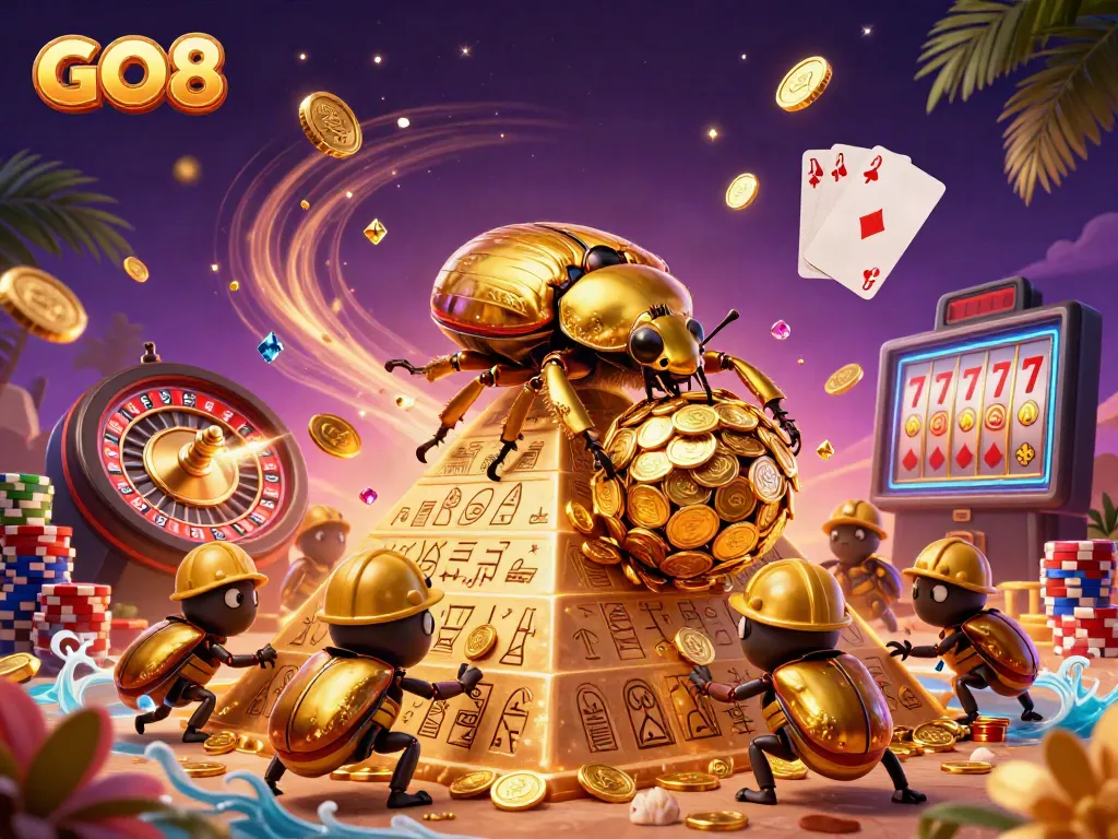 Engage with GO8's dynamic casino experience, featuring golden beetles, treasures, and casino symbols.