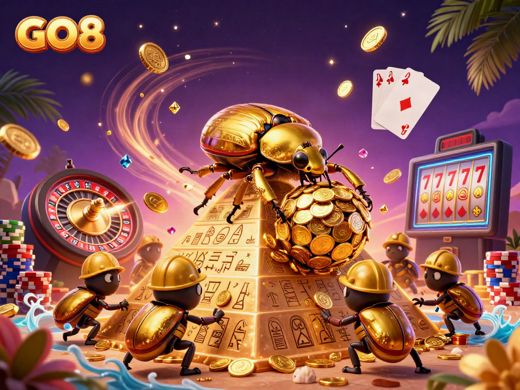 Engage with GO8's dynamic casino experience, featuring golden beetles, treasures, and casino symbols.