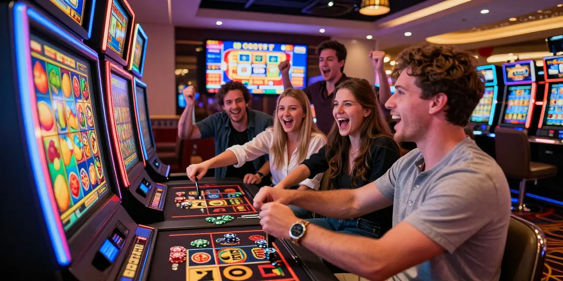 Exciting scene of friends at a gambling casino enjoying slot gacor game with vibrant atmosphere.