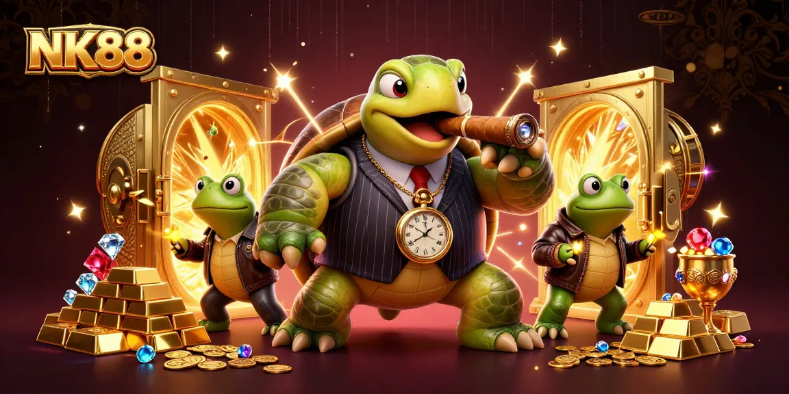 Navigating NK88's casino scene with vibrant gaming elements and lively characters.