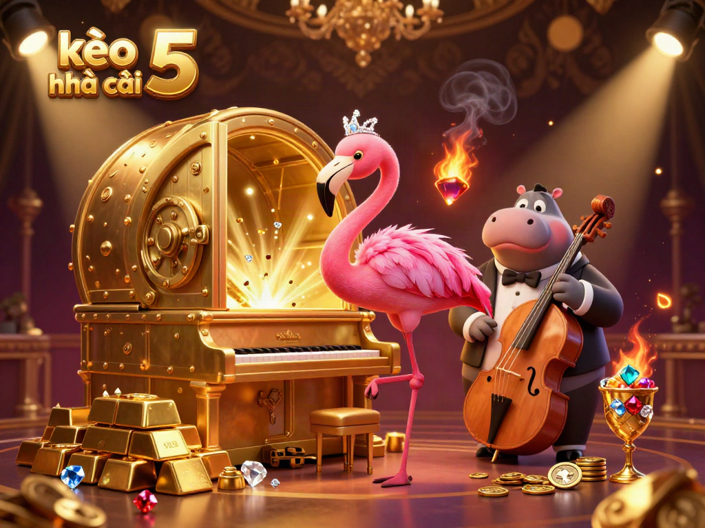 Engage with kèo nhà cái 5 through a vibrant 3D illustration of a flamingo singer and hippo bassist amidst treasures and lights.