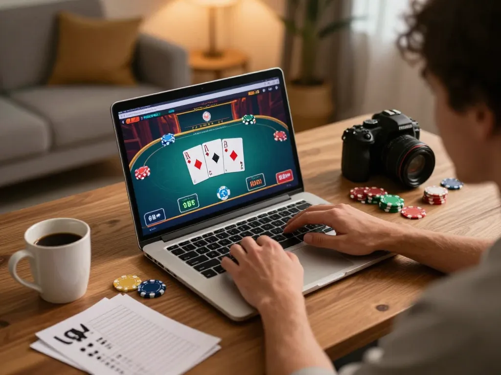 Player using RR88 for online poker gaming, showcasing strategic cards in action.