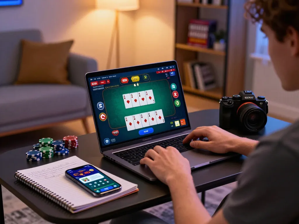 Engaged gambler using 77WIN online casino on a laptop, with cards and betting options visible on screen.