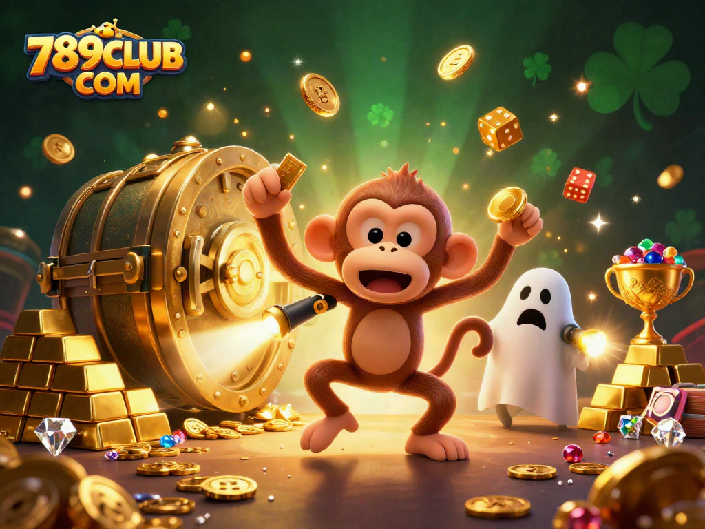 Experience thrilling gameplay at 789CLUB COM with an exciting illustration of casino action and special characters.