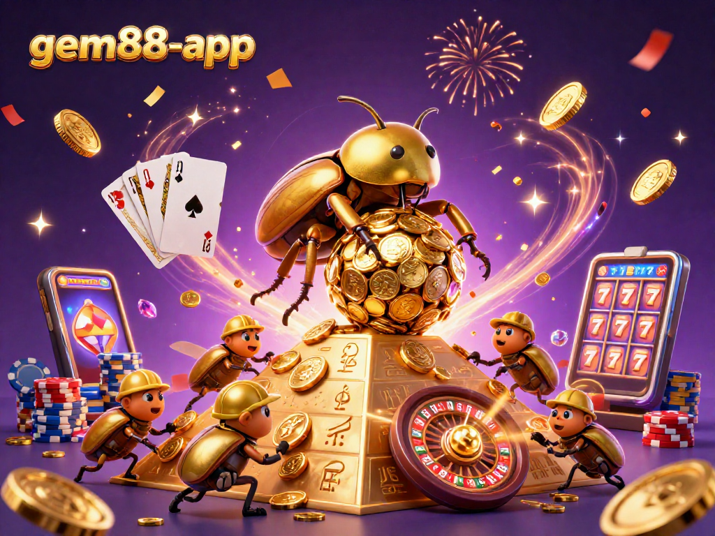 Win big with gem88-app featuring golden beetles and dynamic casino elements in a vibrant 3D scene.