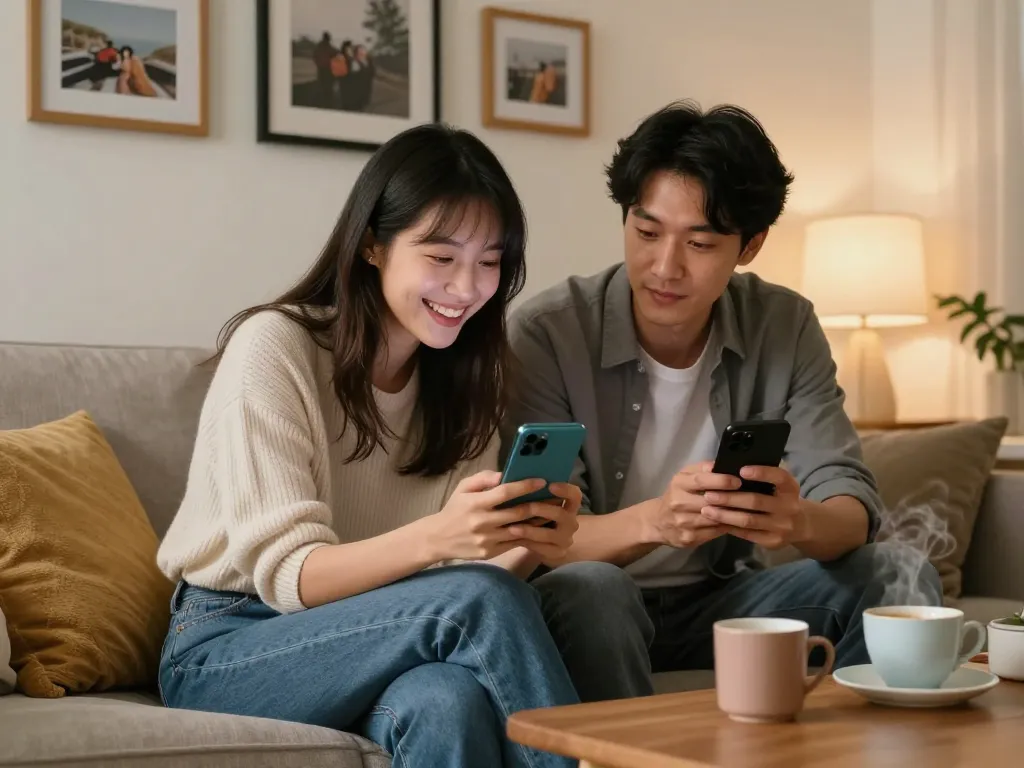 Girlfriend AI chat experience in a cozy living room with a couple enjoying digital interaction.