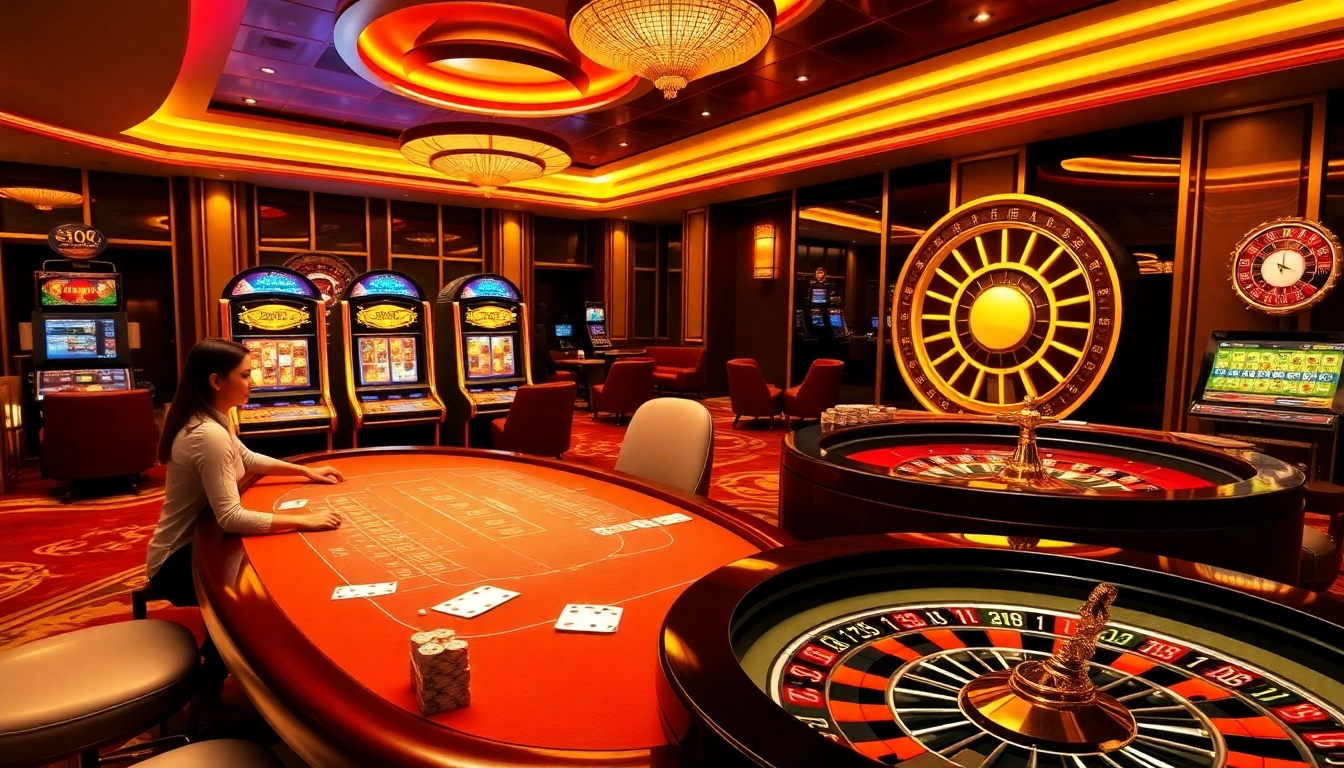 Engaging scene of online gaming at https://f168.vision/ featuring casino tables, vibrant slot machines, and excited players.