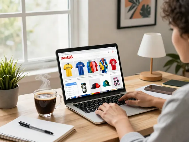 Person exploring rokok88 merchandise in a cozy home office.