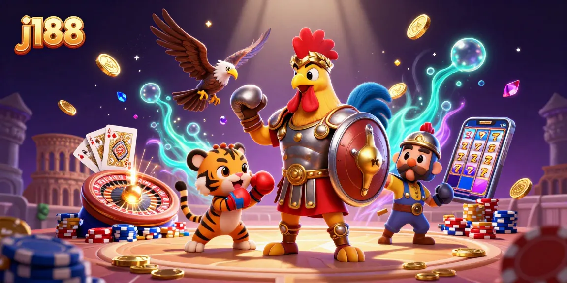 Engage with j188's vibrant 3D casino scene featuring gladiators and dynamic game elements.