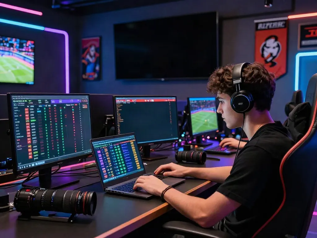 Engaged bettor at https://fabet.com.mx/ placing bets in a vibrant gaming space, with live sports odds displayed on screen.