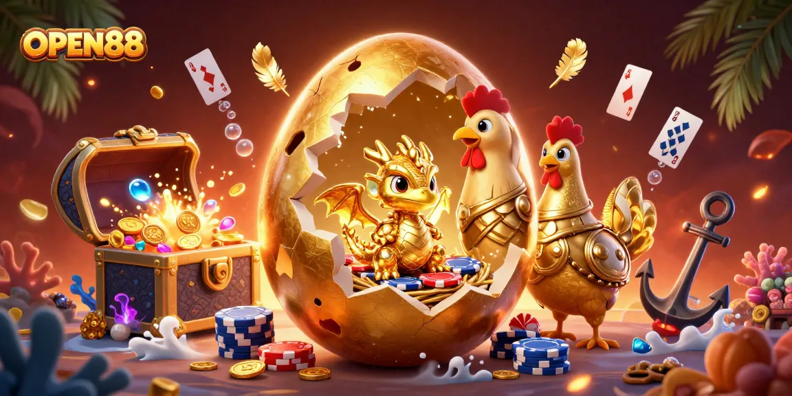 OPEN88 features a golden baby dragon and poker chips, surrounded by vibrant casino-themed elements.