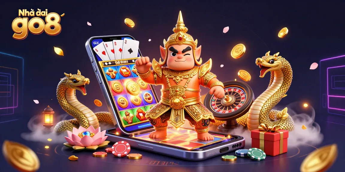 Engage with Nhà cái go8 through vibrant 3D imagery featuring a guardian and dynamic casino elements.