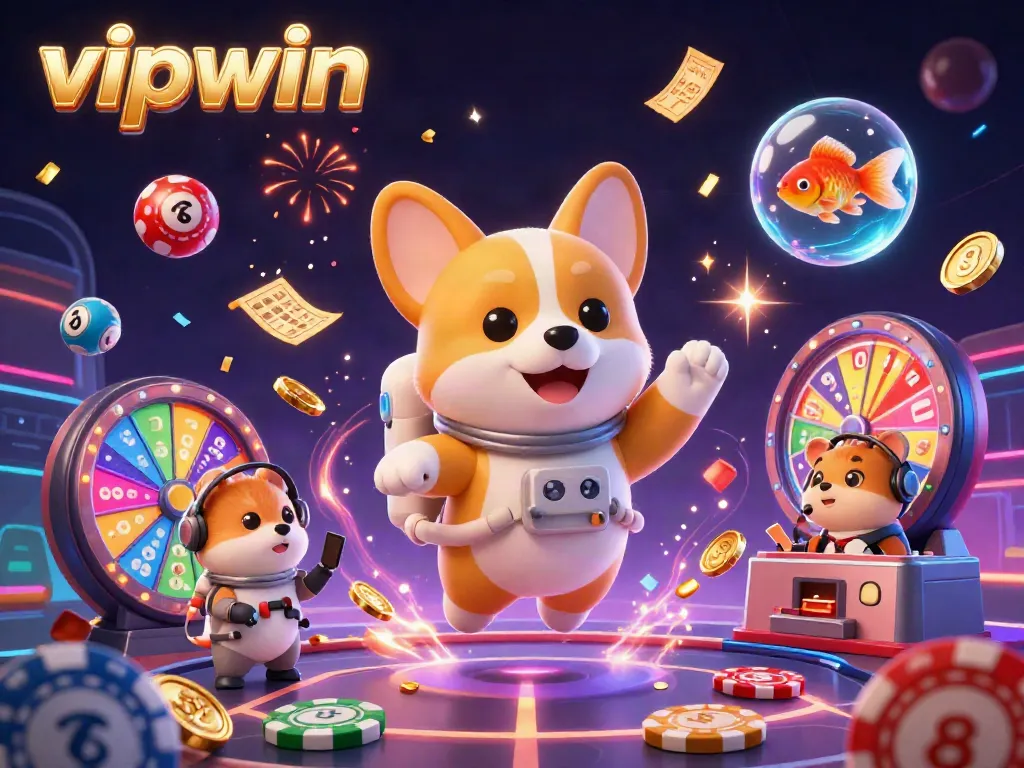 Experience VIPWIN's thrilling atmosphere with the astronaut corgi playing and winning in a dynamic space casino.