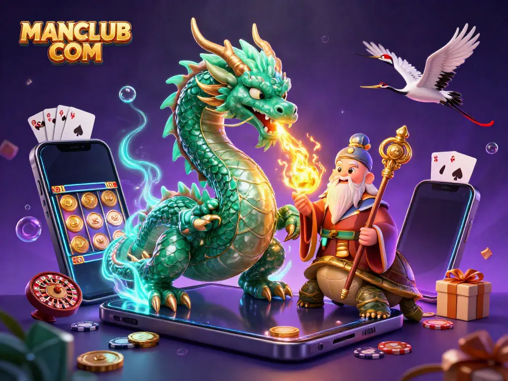 Experience thrilling games with MANCLUB COM, featuring a vibrant 3D illustration of a jade dragon and lucky characters.