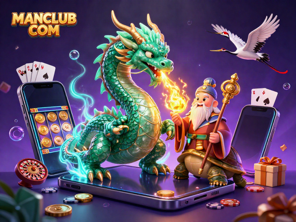 Experience thrilling games with MANCLUB COM, featuring a vibrant 3D illustration of a jade dragon and lucky characters.