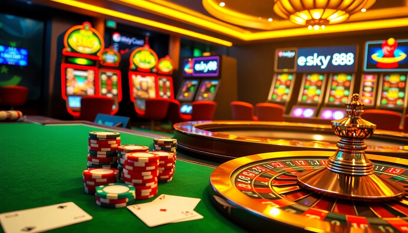 Engaging gambling action at nhà cái sky88 with luxury poker chips and vibrant slot machines.