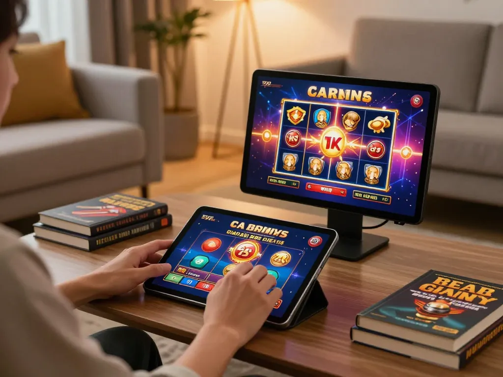 Engaging in casino gaming on a tablet reflecting 98win. com with a cozy home setting.