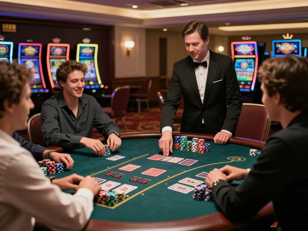 Players engaged at a blackjack table in a luxurious setting, showcasing https://va88.now/ thrilling casino gameplay