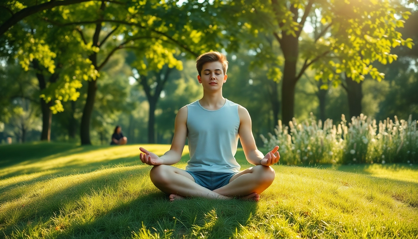 A peaceful meditation scene focusing on stress and anxiety relief with lush greenery and dappled sunlight.
