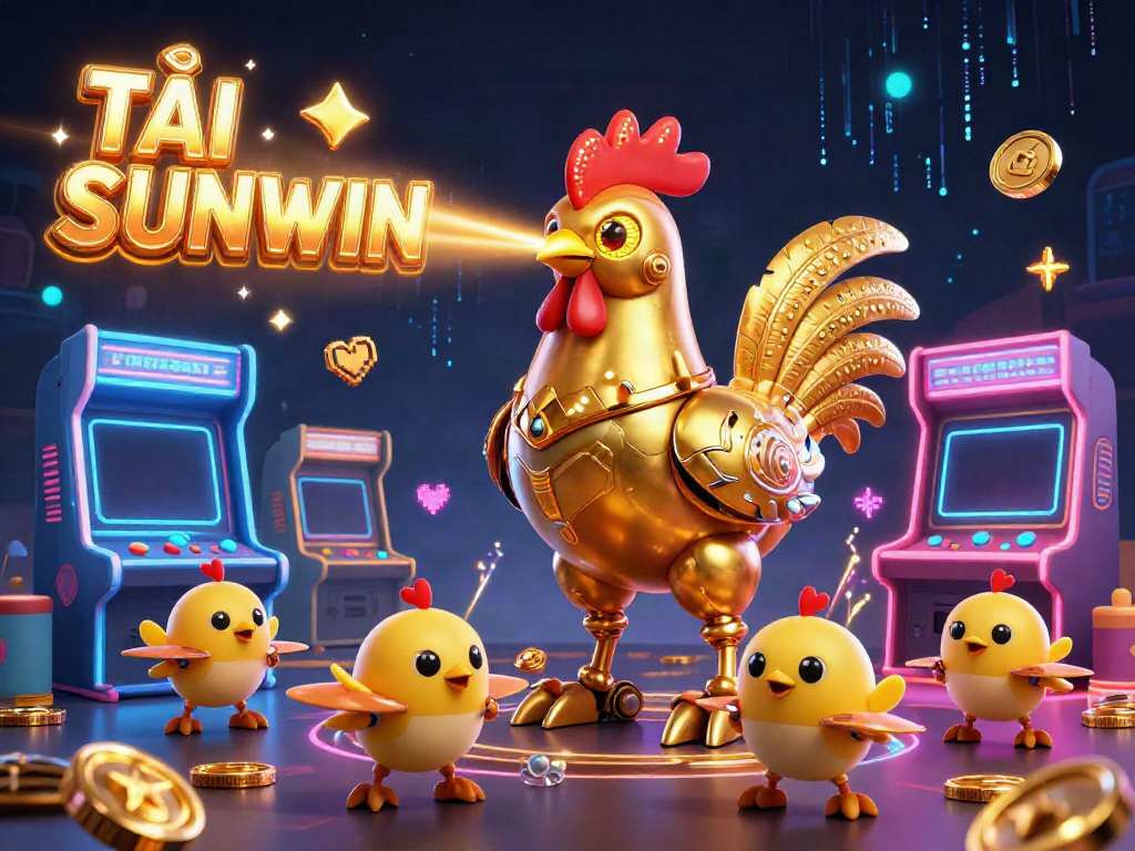 Experience gaming excitement with TẢI SUNWIN, featuring a golden rooster robot and vibrant arcade elements.