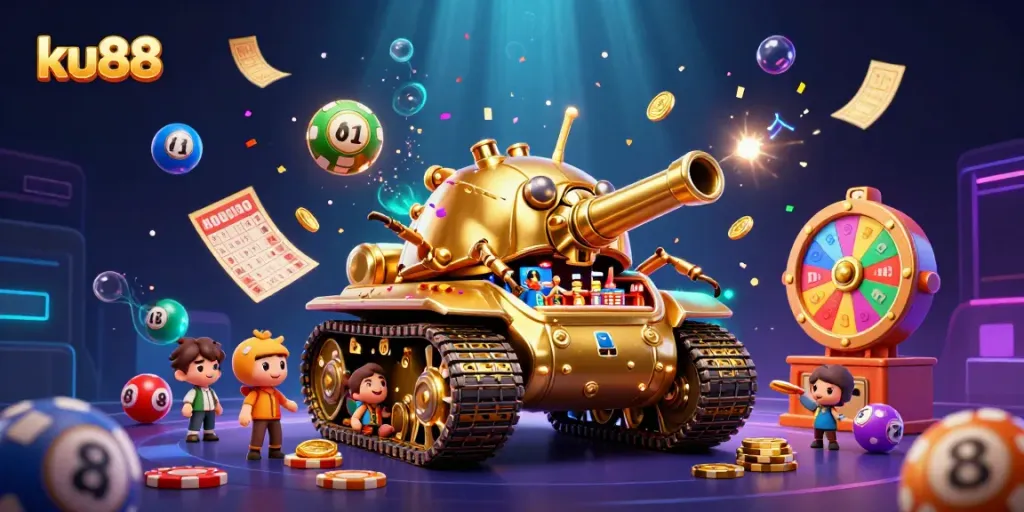 Experience the excitement of ku88 with a dynamic casino scene full of animated lottery elements and vibrant colors.