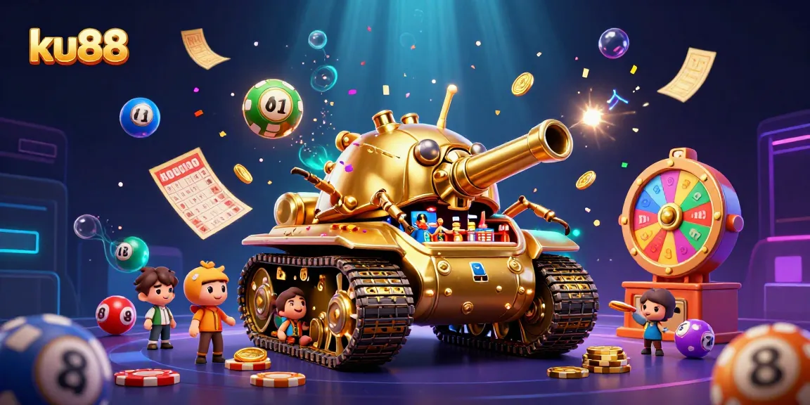 Experience the excitement of ku88 with a dynamic casino scene full of animated lottery elements and vibrant colors.