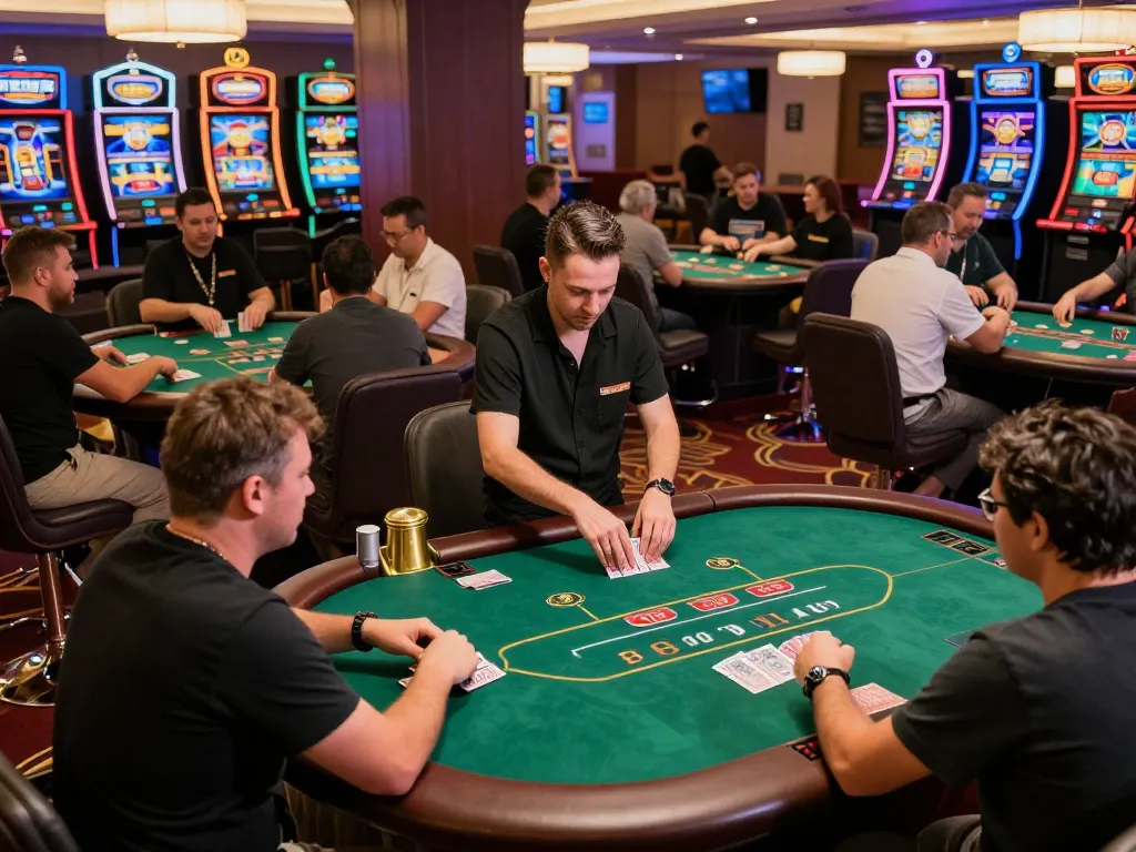 Players enjoying poker excitement at CM88 casino floor under vibrant lights