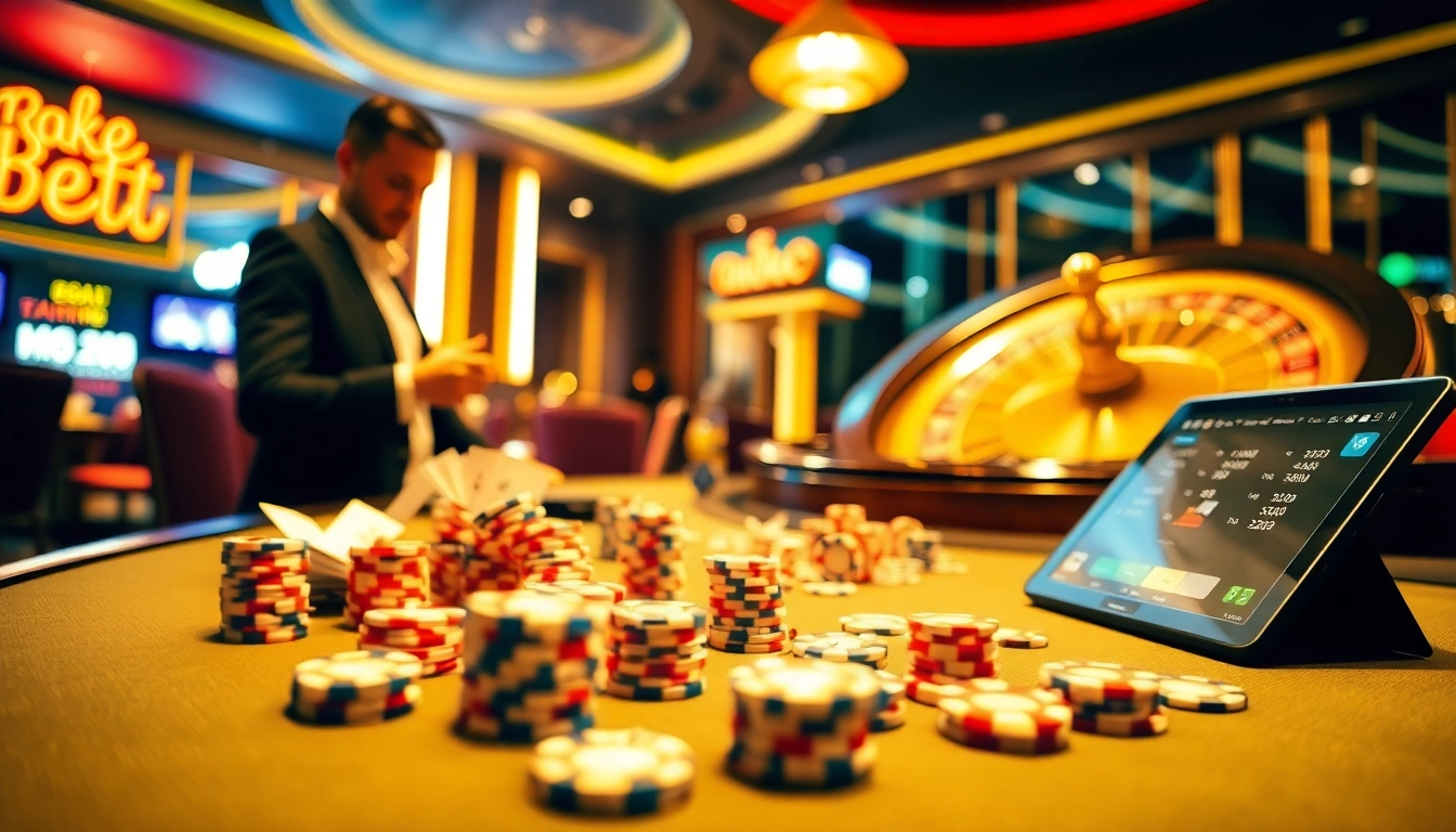 A thrilling casino scene showcasing online gambling elements at https://vin88ac.com/ with poker chips, a roulette wheel, and an active betting interface.
