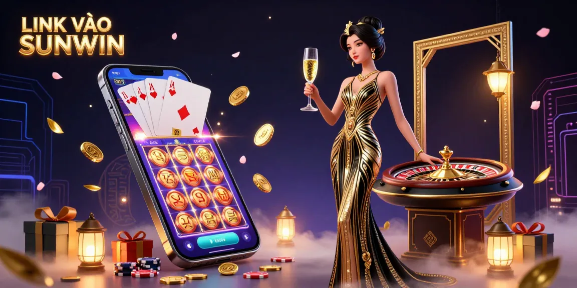 Experience the thrill of LINK VÀO SUNWIN with a glamorous casino scene featuring vibrant games and sparkling elements.
