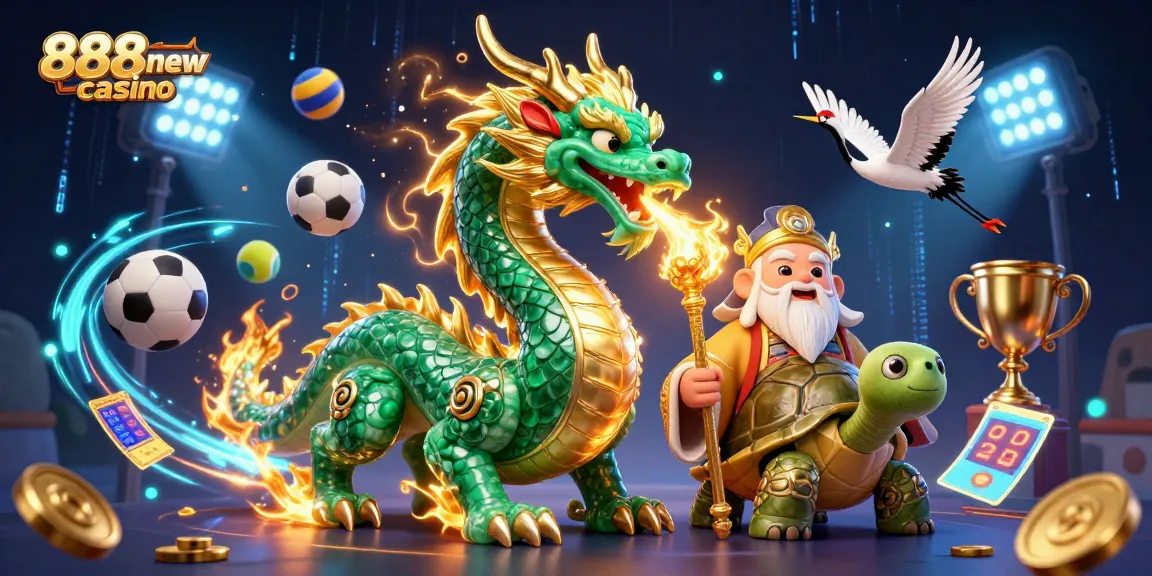 Engage with the dynamic 888new casino scene showcasing a dragon, turtle sage, and lucky cranes amidst vibrant sports elements.