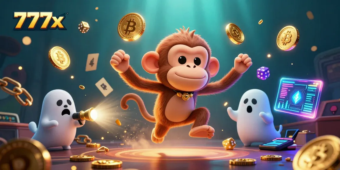 Engage with 777x gaming action featuring a poltergeist monkey and ghost-hunter puppy amid crypto chaos.