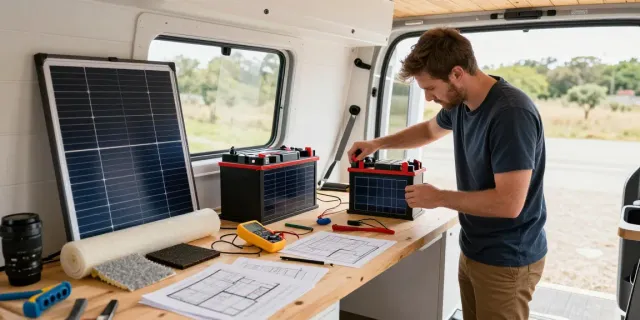 Measuring campervan battery size at ROKOK88 link login workspace with tools and solar panels.