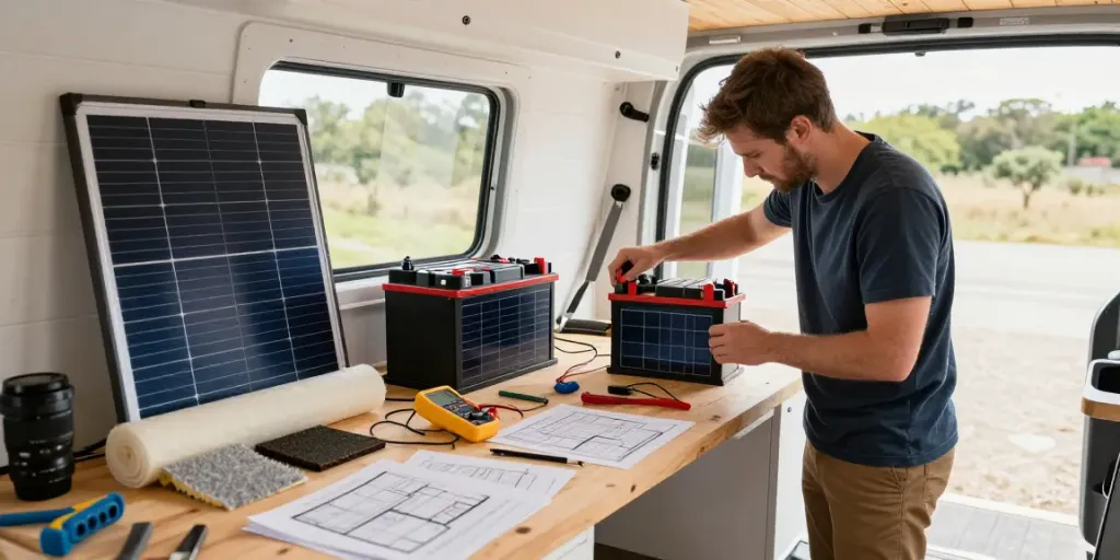 Measuring campervan battery size at ROKOK88 link login workspace with tools and solar panels.