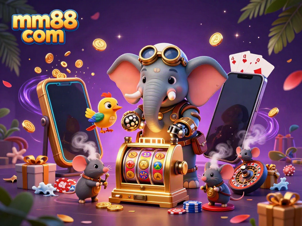 Spin the reels with mm88 com at this vibrant steampunk casino illustration featuring colorful slot games and playful characters.