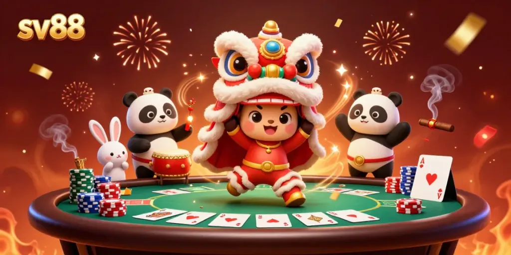 Experience the energy of sv88 with a vibrant casino scene combining lion dance elements, poker tables, and festive decorations.