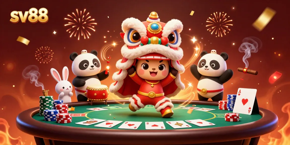 Experience the energy of sv88 with a vibrant casino scene combining lion dance elements, poker tables, and festive decorations.