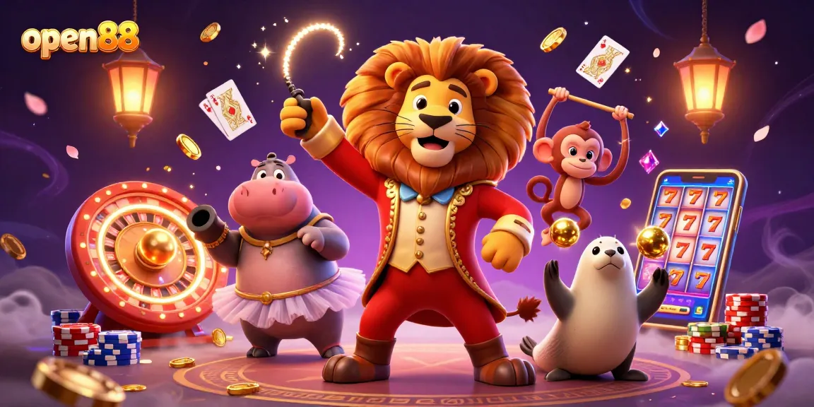 Experience thrilling wins at open88 with vibrant casino characters amidst dazzling games and coins.