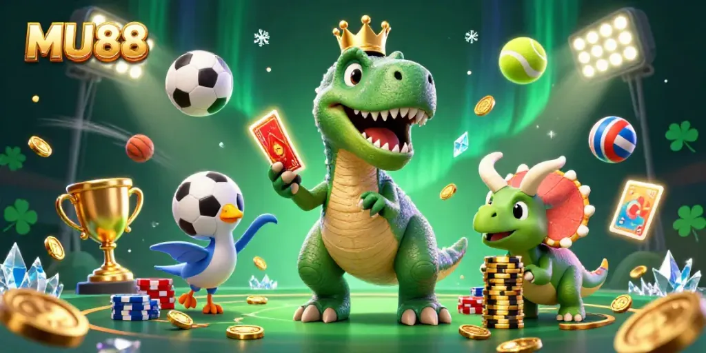 Experience the excitement at MU88 with a vibrant 3D scene featuring a fun T-Rex shuffling cards in a lively casino atmosphere.