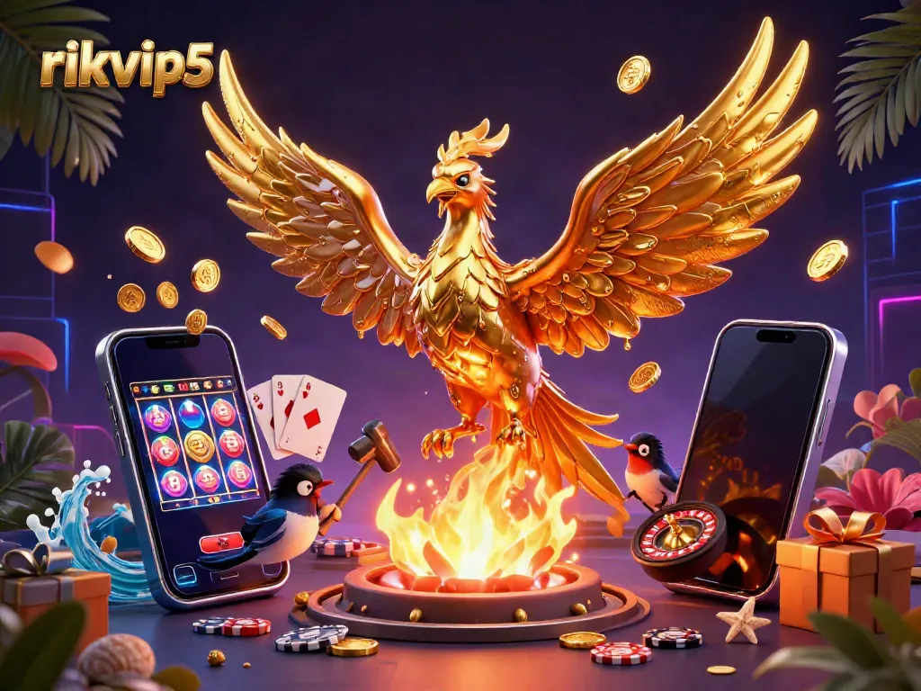 Experience exciting rewards in rikvip5 with immersive golden phoenix and slot games in a vibrant casino scene.