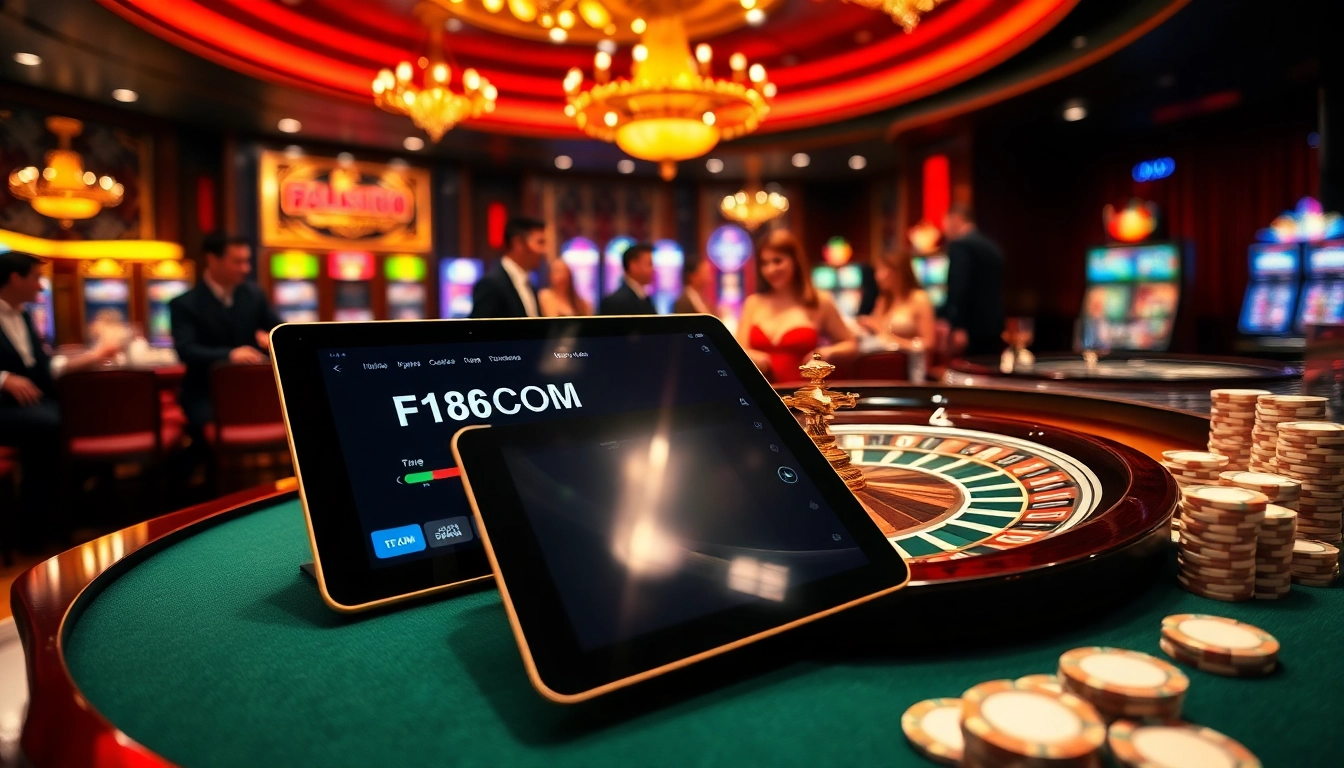 Excited players enjoying a game at F168COM in a luxurious casino setting with roulette and poker elements.