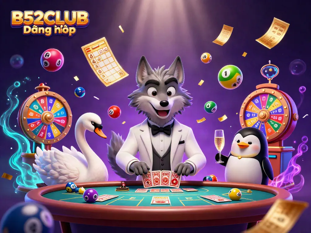 B52CLUB Đăng nhập scene with a debonair wolf, swan, and penguin at a baccarat table, showcasing vibrant gaming elements.