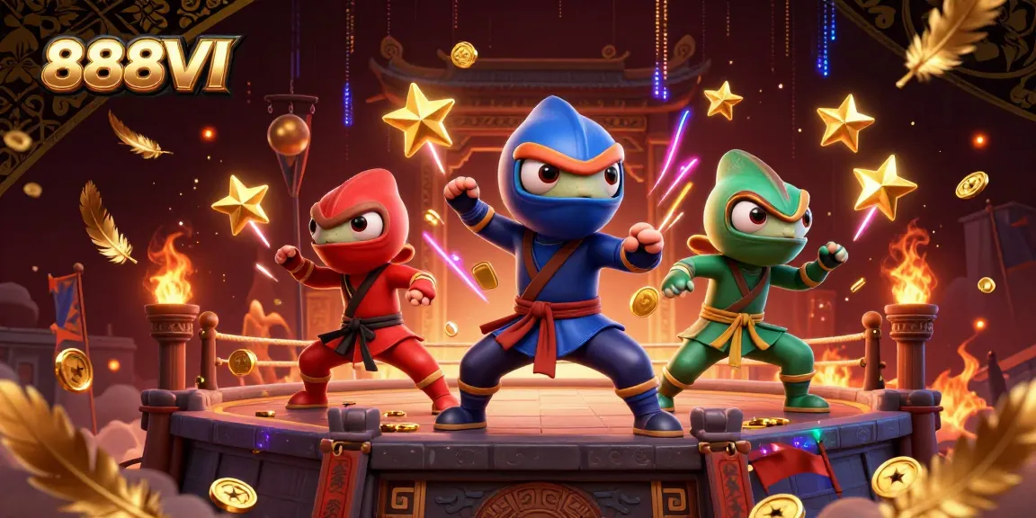 Experience exhilarating action with 888VI as cartoon chameleons showcase synchronized martial arts in a vibrant casino-themed scene.