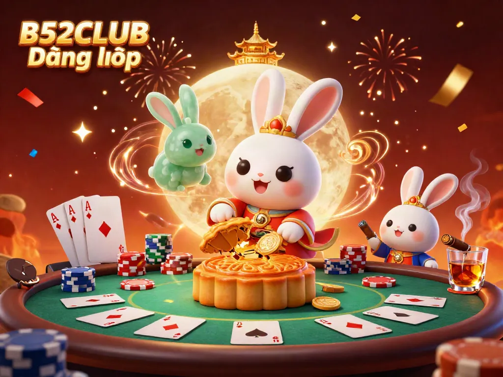 Engage with B52CLUB Đăng nhập in a vibrant casino scene of playful lunar characters and poker elements.